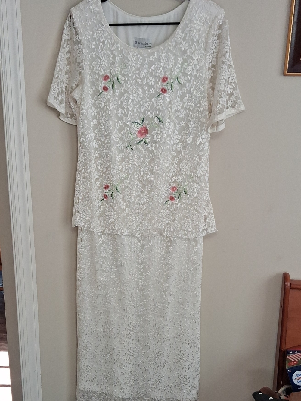 dressbarn Ivory Lace Maxi Dress with Pink Rose Embroidery